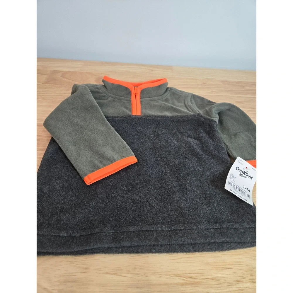 OshKosh B'gosh Baby Boys 12M Fleece Quarter Zip Pullover Olive Gray Orange NWT